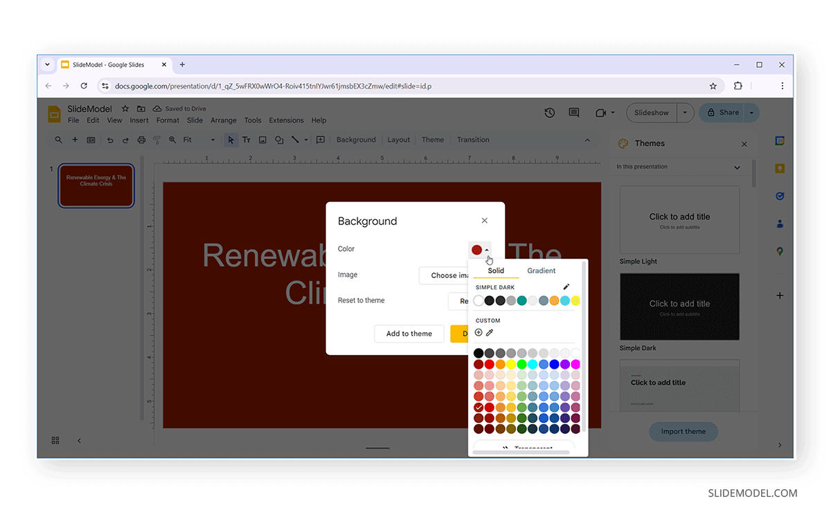 Selecting a new background color for a Google Slides deck