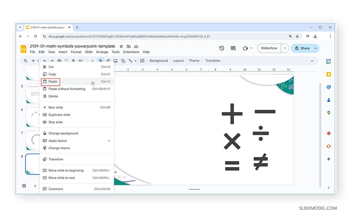 Pasting a slide in Google Slides