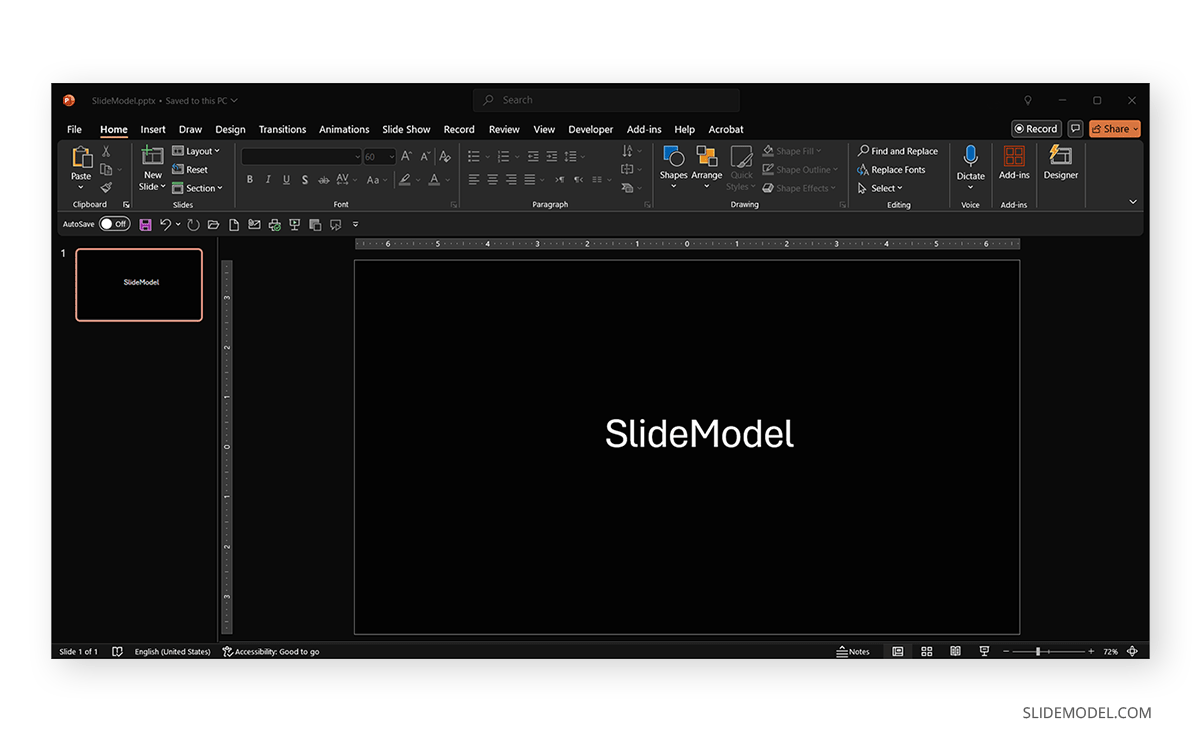 PowerPoint dark mode with black slide