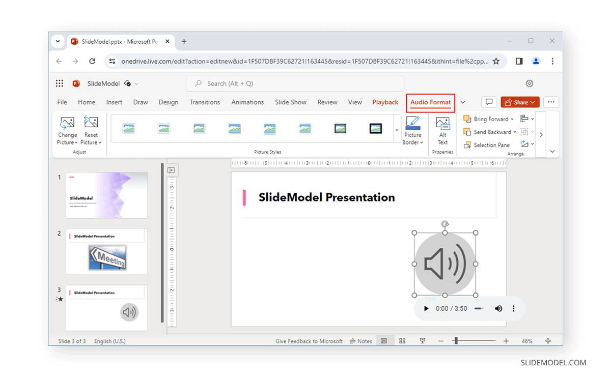 Audio Format options in PowerPoint Online