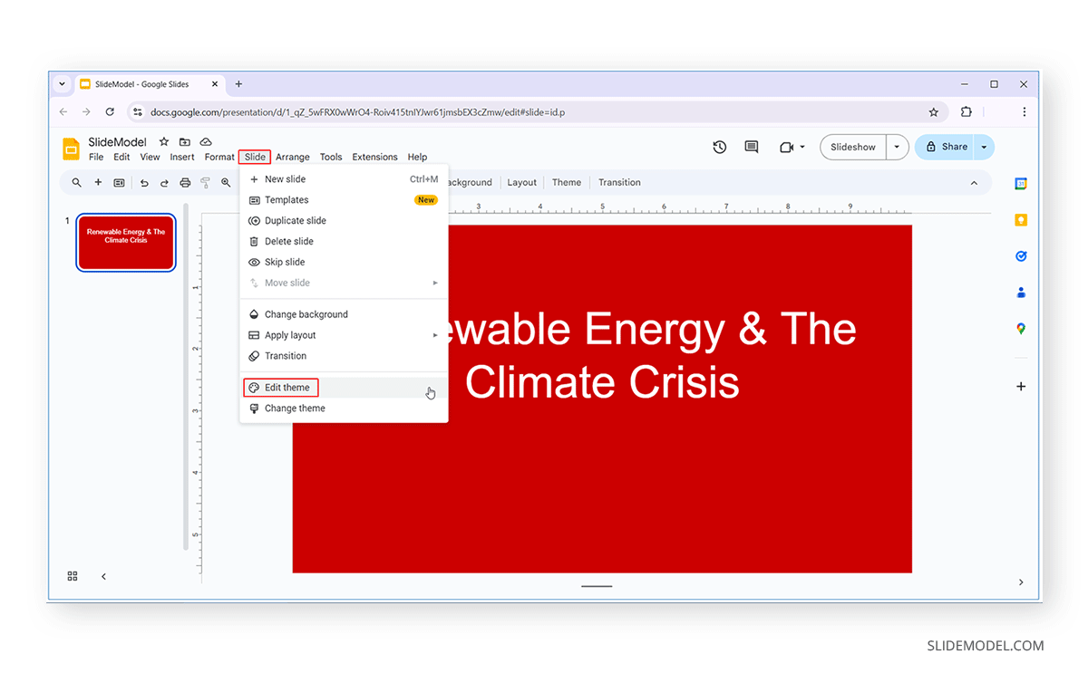 Locating Edit Theme in Google Slides