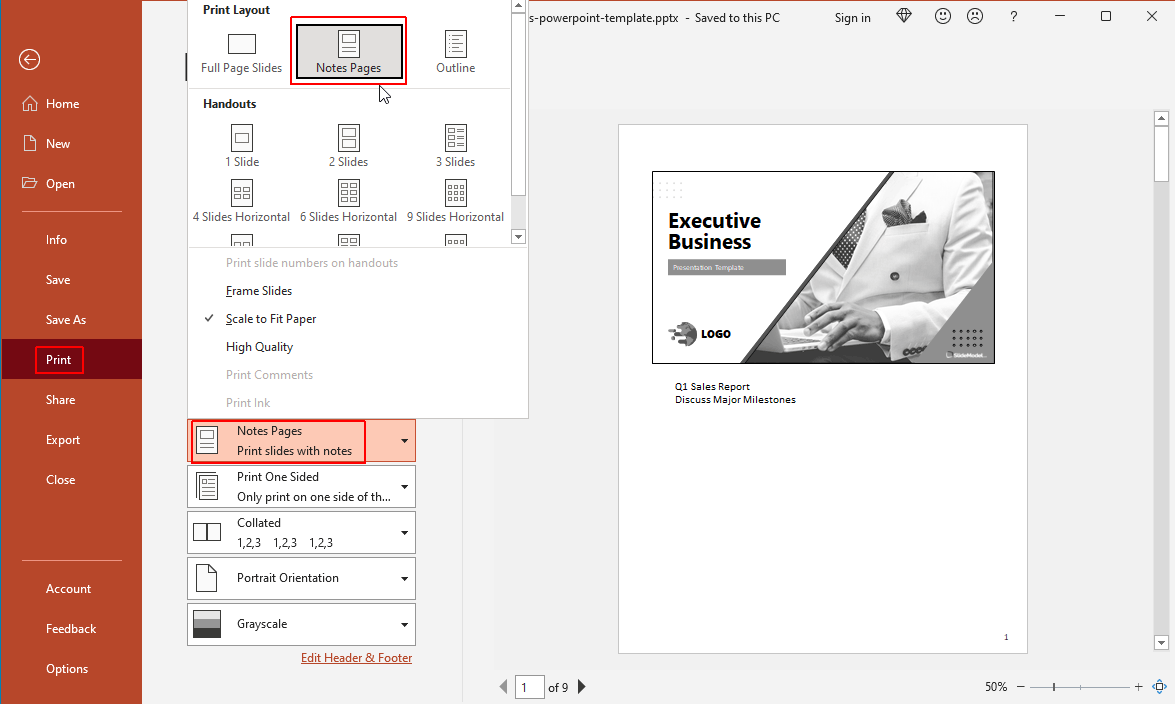 Print Speaker Notes in PowerPoint using different layouts