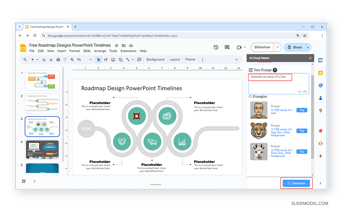 Process to generate an emoji with the AI Emoji Maker extension for Google Slides