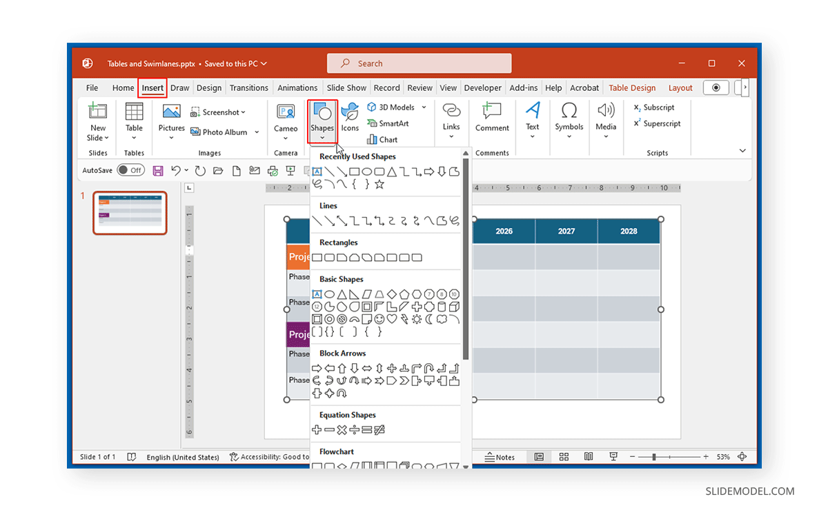 Adding shapes to the Swimlane