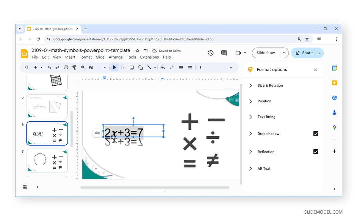 Equation with drop shadow effect in Google Slides