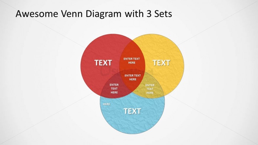 A 3-part editable Venn diagram with 3 circles and showing intersections between each of the circles. The diagram has different colors that are customizable and and grunge effect. Alternatively, you can download other 3 circle venn diagram template designs for PowerPoint & Google Slides.