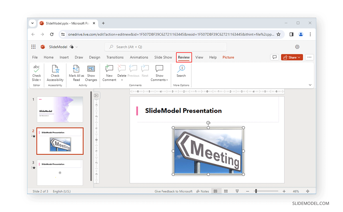 Review tab in PowerPoint Online