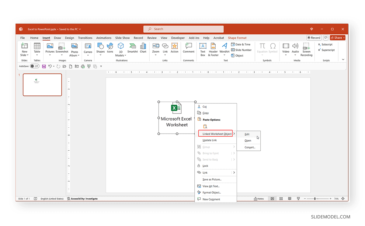 Edit Excel document from icon shortcut in PowerPoint