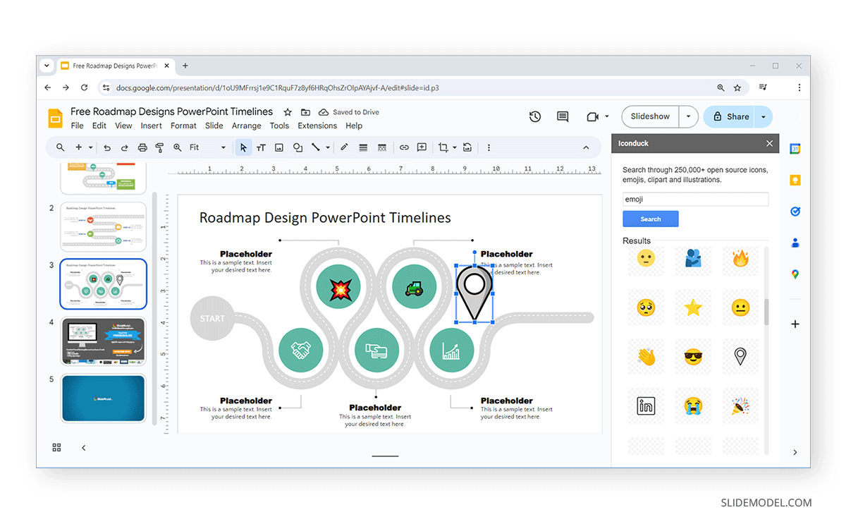 Browsing for emojis at the Iconduck extension for Google Slides