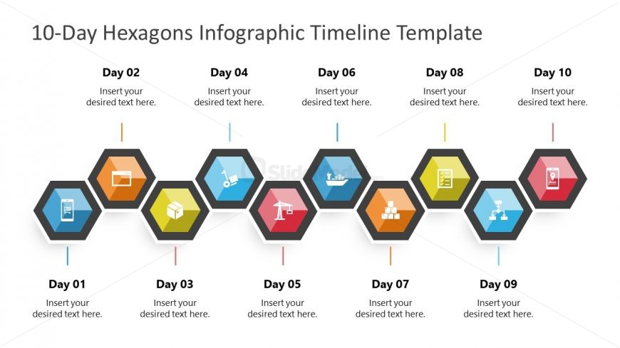 PPT Template Slide for 10-Day Hexagons Infographic Timeline