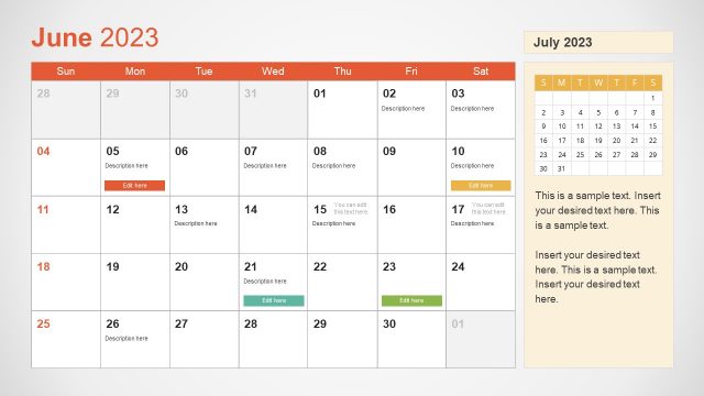 PowerPoint Calendar Template Slide for June 2023