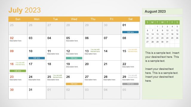 July Month PowerPoint Calendar Template for Year 2023