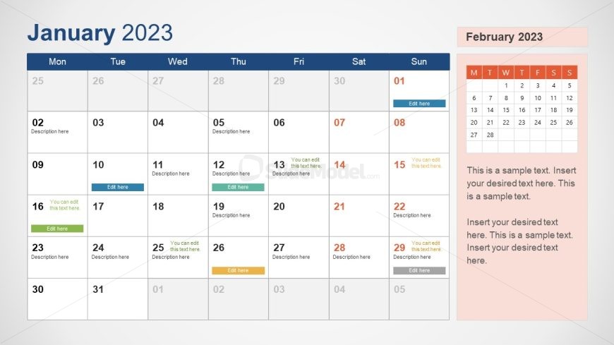 Editable January Month Calendar Slide for PPT