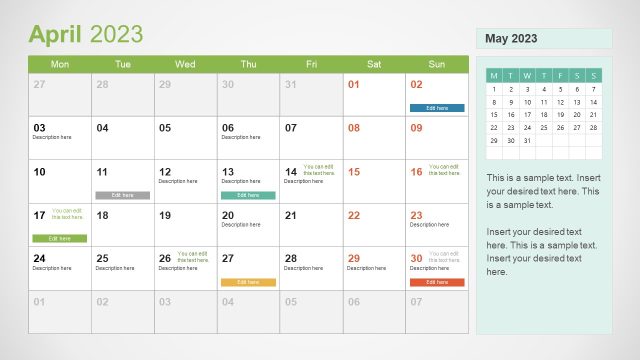April Month Calendar Slide for Presentation