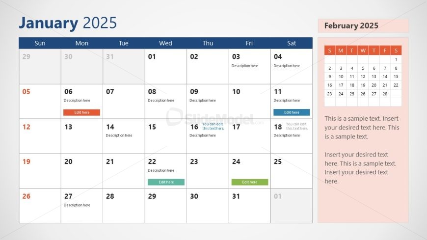 Editable 2025 Calendar With Sunday as First day