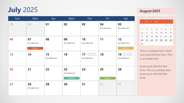Slide for the Month of July – 2025 PPT Calendar