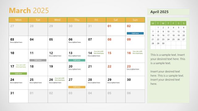 March Slide – 2025 Calendar PPT Slide