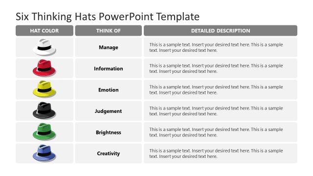 Six Thinking Hats PPT Template – Table Slide