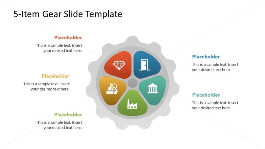 Editable 5-Item Gear Diagram PPT Slide 