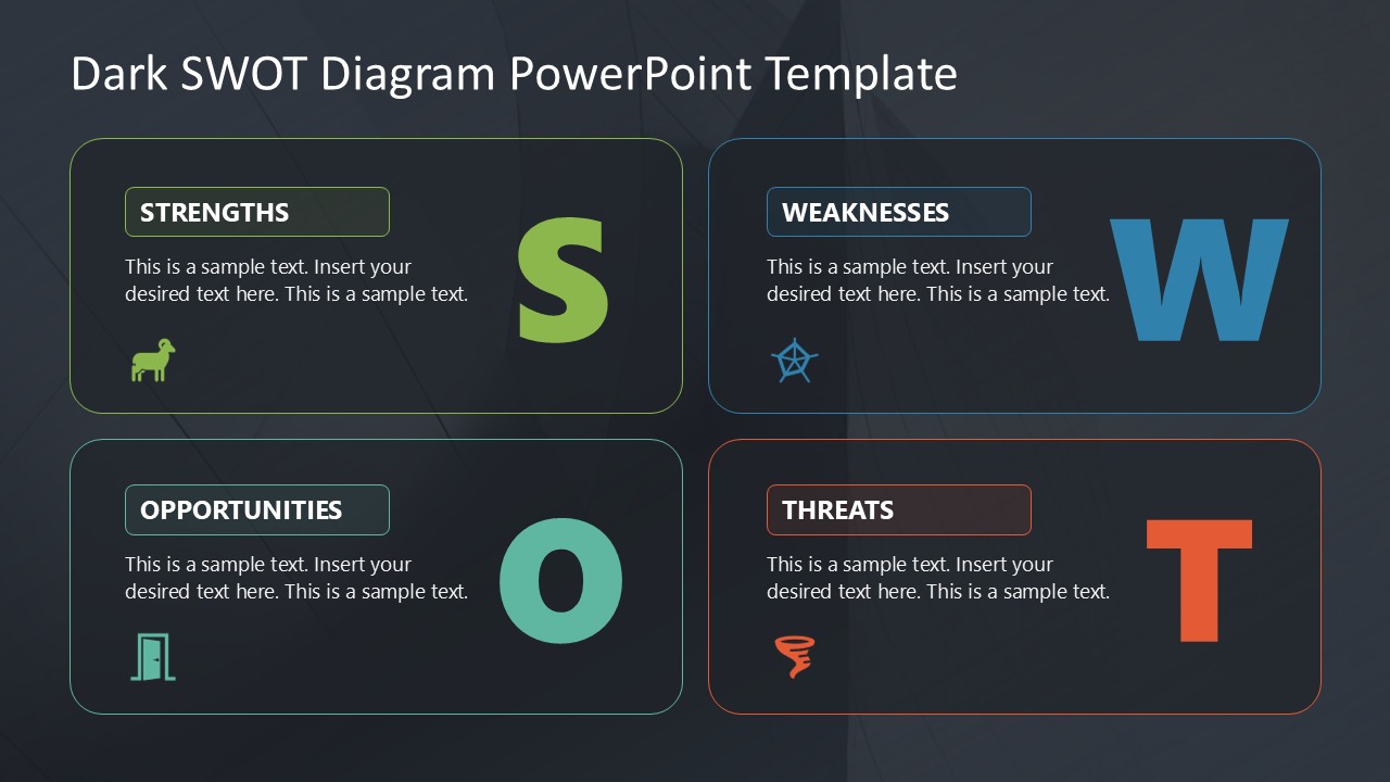 Colorful Letters & Infographics Slide - Dark SWOT Analysis Template 
