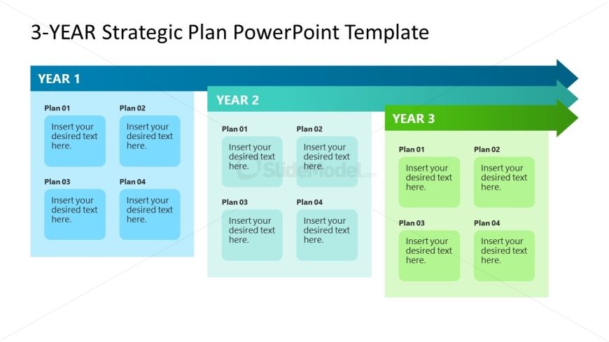 3-Year Strategic Plan PowerPoint template with a linear layout for three years, featuring blocks for plans and a gradient color scheme.