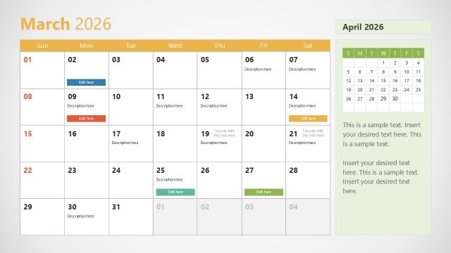 March PPT Slide – 2026 Calendar Template