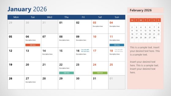 Editable 2026 Calendar Template With Monday as First Day