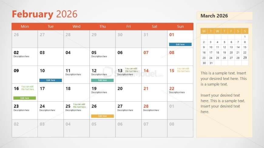 Customizable 2026 Calendar PPT Template With Monday as First Day
