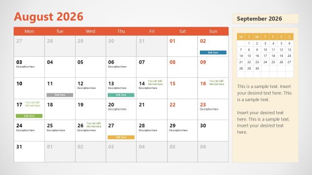 Slide for August – 2026 Calendar Slide Template