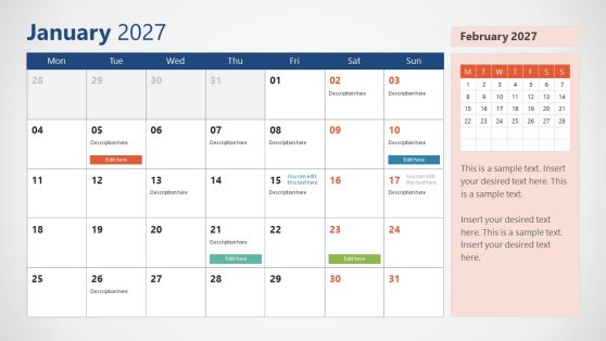 2027 Calendar PowerPoint Template With Monday as First Day