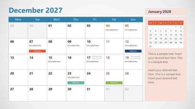 Slide for December – 2027 Calendar PPT Template