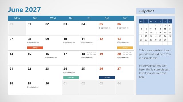 2027 Calendar PPT Layout With Monday as First Day