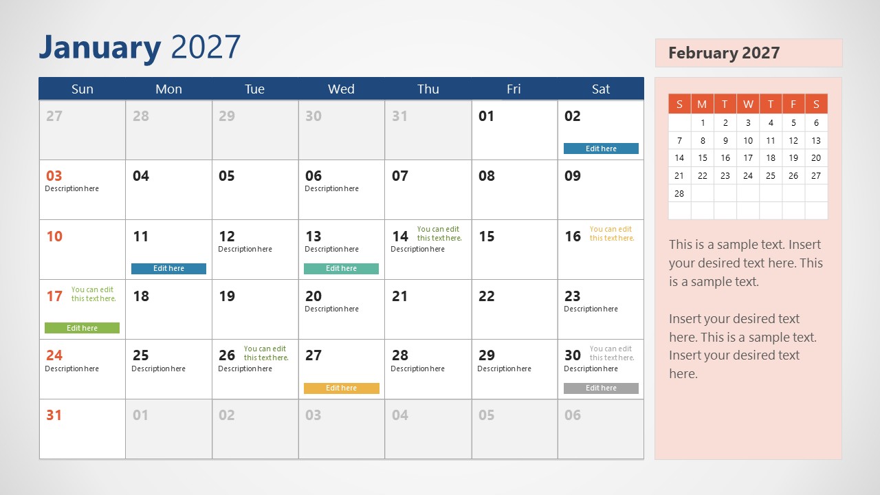 Editable 2027 Calendar PPT Slide Template 