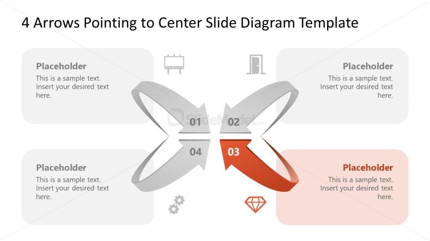 4 Arrows Pointing to Center Slide Diagram Template for presentations, featuring placeholders for text and icons.