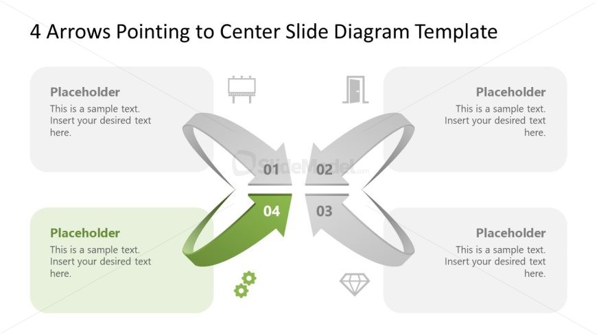 4 Arrows Pointing to Center Slide Diagram Template with placeholders for text and icons.