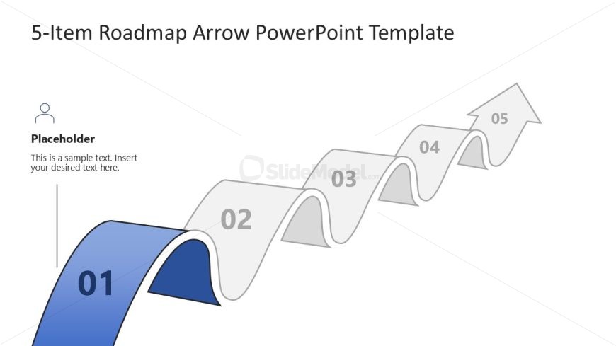 5-Item Roadmap Arrow Slide Template with wave-like flow, five stages, and blue-gray color scheme for PowerPoint and Google Slides.
