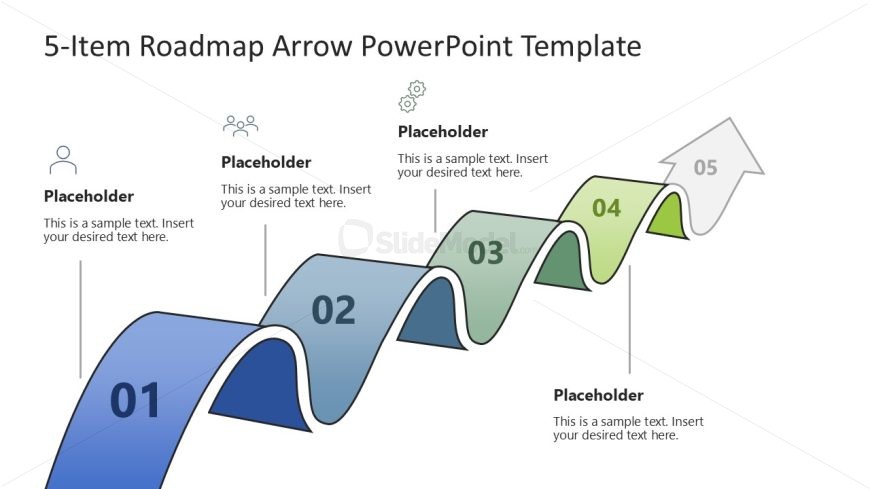 5-Item Roadmap Arrow Slide with curved path and placeholders, featuring blue and green colors for change management presentations.