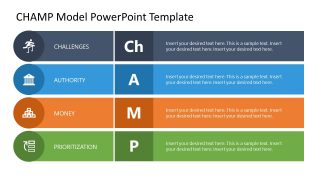 CHAMP Model PowerPoint slide template with sections for Challenges, Authority, Money, and Prioritization, featuring icons and a vibrant color scheme.