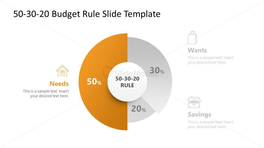 50-30-20 Budget Rule Slide Template displaying budget allocation into Needs, Wants, and Savings with icons.