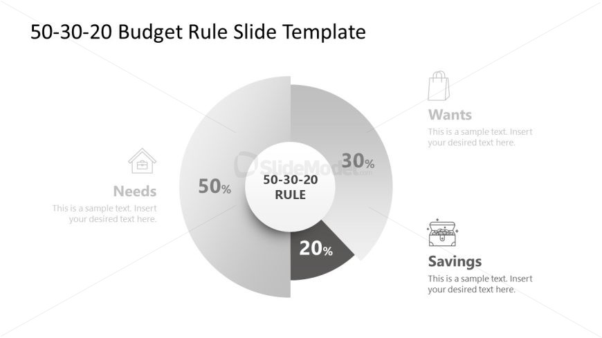 50-30-20 Budget Rule Slide Template with circular diagram showing Needs, Wants, and Savings categories in a modern gray color scheme.
