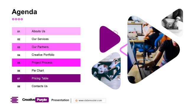 Creative Purple Agenda PowerPoint Slide