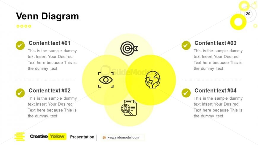 PowerPoint 4 Item Venn Diagram Slide Yellow Theme