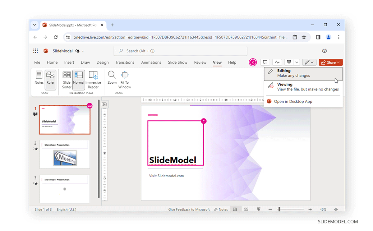 Adjusting view options for shared document in PowerPoint Online