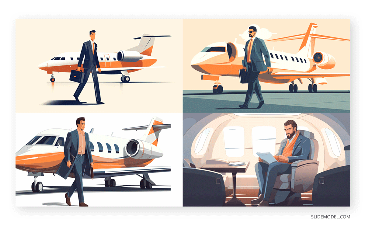 Illustrations of a business man in a private jet generated with Midjourney