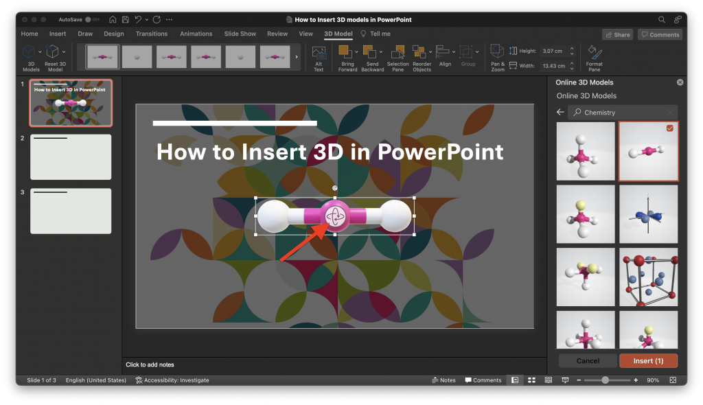 3D object inserted in PowerPoint slide