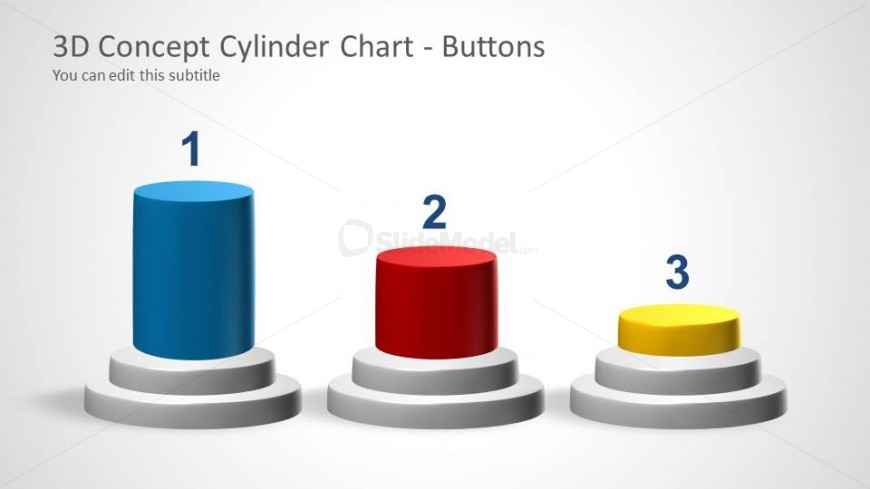 This slide demonstrates three different heights of 3D cylinder buttons that can be used to show different quantities or 1st, 2nd, and 3rd place winners of a competition.