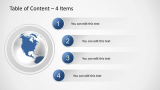 Creative Agenda Slide Design with Table of Content and 4 Bullet Points