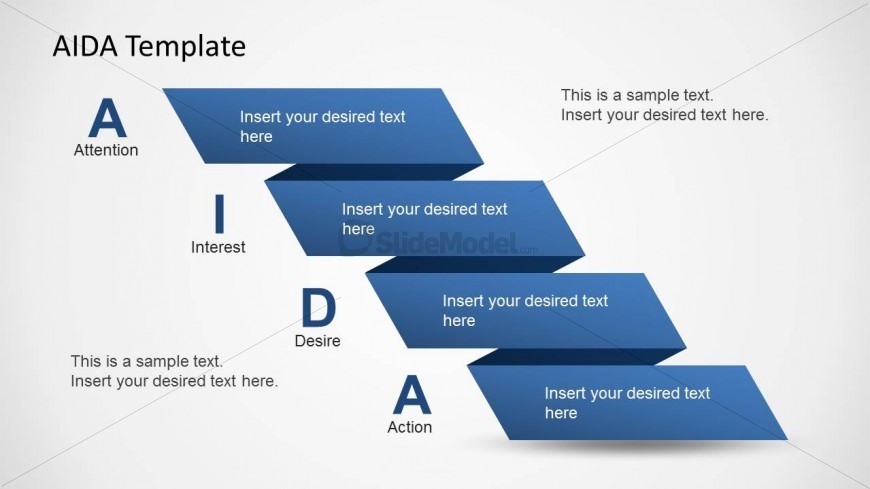 This is a ribbon-style slide design representing the AIDA approach in a PPT presentation. The AIDA Model PPT template can be used to describe the AIDA Marketing approach while presenting the slides.
