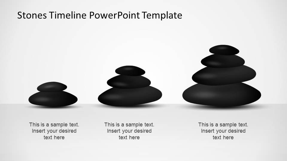 Three Stone timeline PowerPoint Template milestones showing progress with increasing piles.