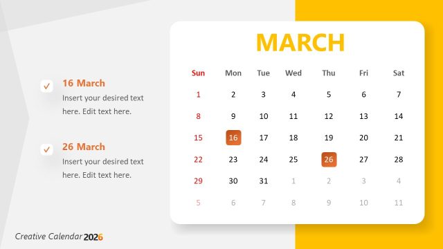Customizable Calendar 2026 Slide Template